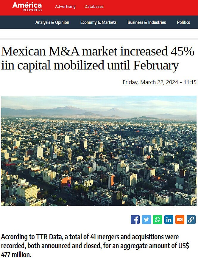 Mexican M&A market increased 45% iin capital mobilized until February